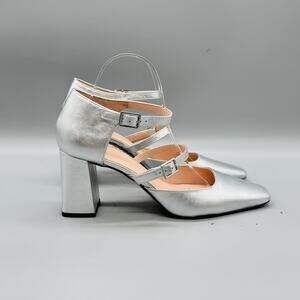 J Crew Shoes Womens 9.5 Silver Leather Mary Jane Block Heel Pumps Square Toe